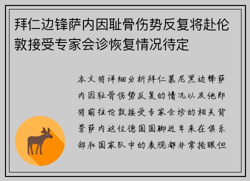 拜仁边锋萨内因耻骨伤势反复将赴伦敦接受专家会诊恢复情况待定 拜仁边锋萨内因耻骨伤势反复将赴伦敦接受专家会诊恢复情况待定